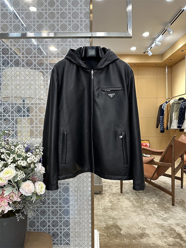Triangle Badge Reversible Leather Hoodie 5