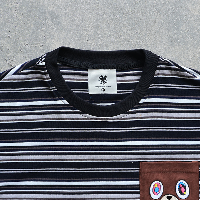 Embroidered Bear Pocket Stripe Tee - Black 5