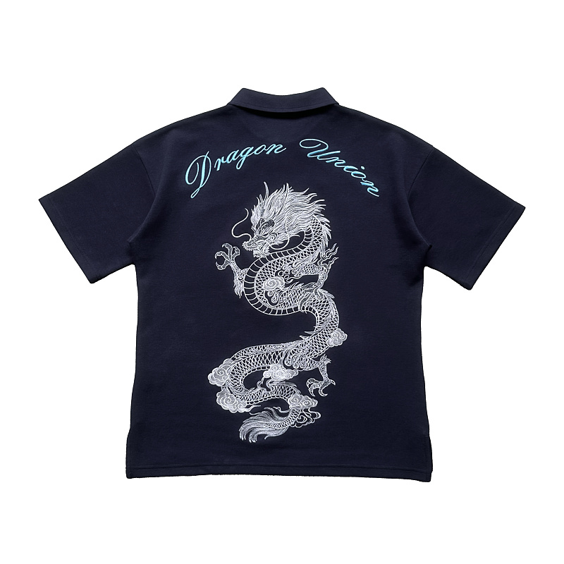 Boxy Dragon Embroidery Polo - Indigo