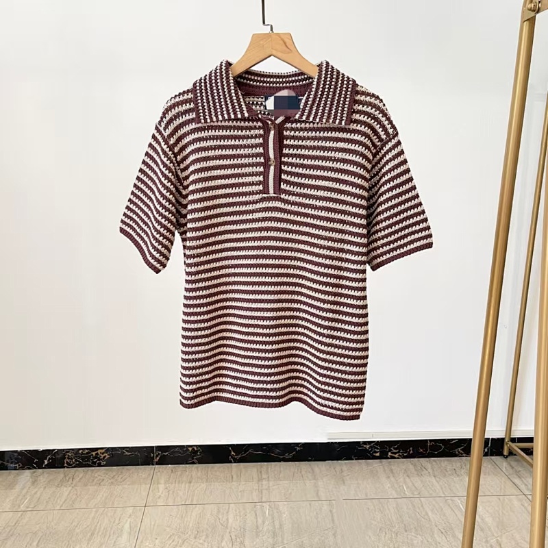 ##Striped Open-Knit Short-Sleeve Polo Polo P 6