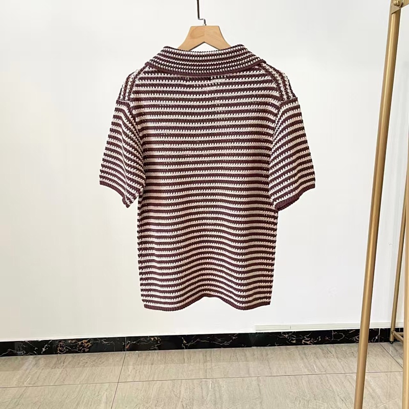 ##Striped Open-Knit Short-Sleeve Polo Polo P 7