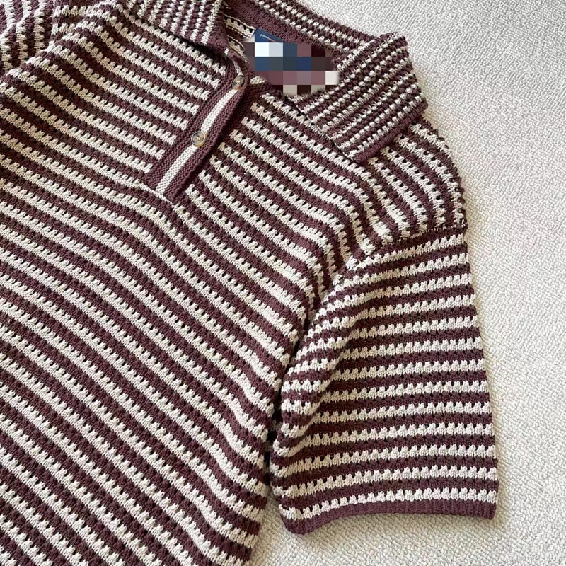 ##Striped Open-Knit Short-Sleeve Polo Polo P 9
