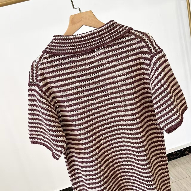 ##Striped Open-Knit Short-Sleeve Polo Polo P 11