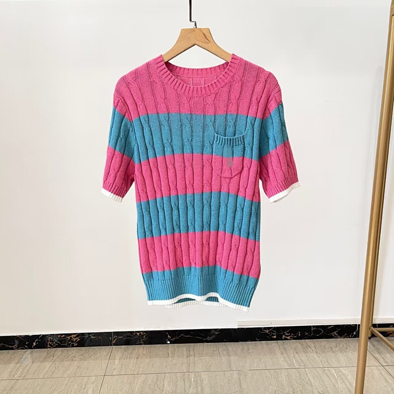 ##Striped Cable-Knit Short-Sleeve Sweater P 9