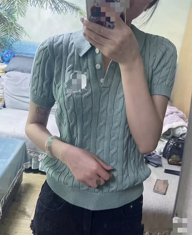 ##Polo Collar Cable Knit Short Sleeve Polo P 9