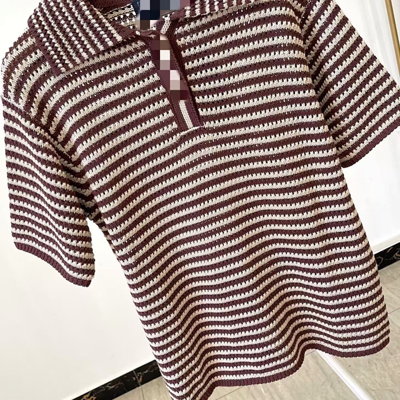 ##Striped Open-Knit Short-Sleeve Polo Polo P 8